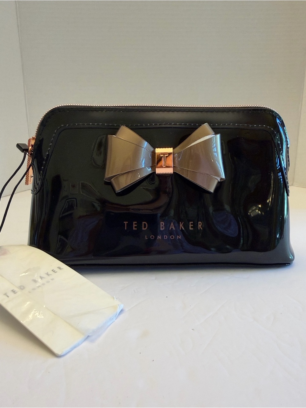 Ted Baker Black Patent Cosmetic Pouch with Taupe Bow